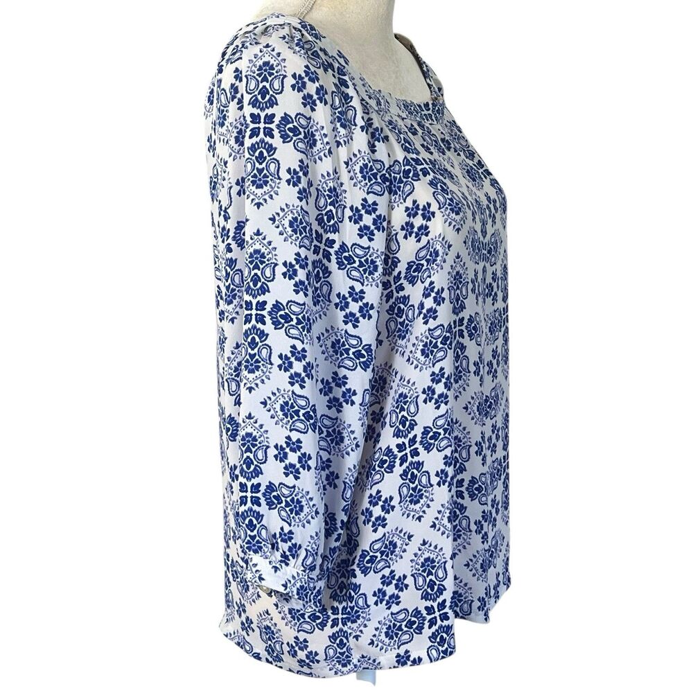 Loft Women’s Blouse Square Neck Small Blue White Floral Semi sheer - Picture 9 of 13
